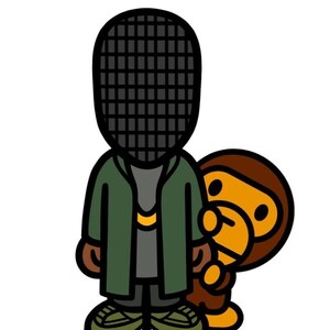 May include: A cartoon illustration of a person wearing a green jacket and a black fencing mask, standing next to a brown and yellow cartoon monkey.