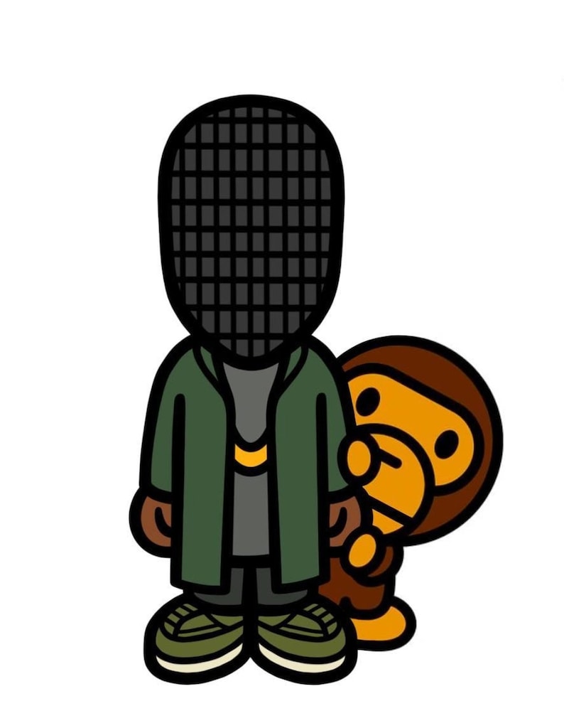 May include: A cartoon illustration of a person wearing a green jacket and a black fencing mask, standing next to a brown and yellow cartoon monkey.