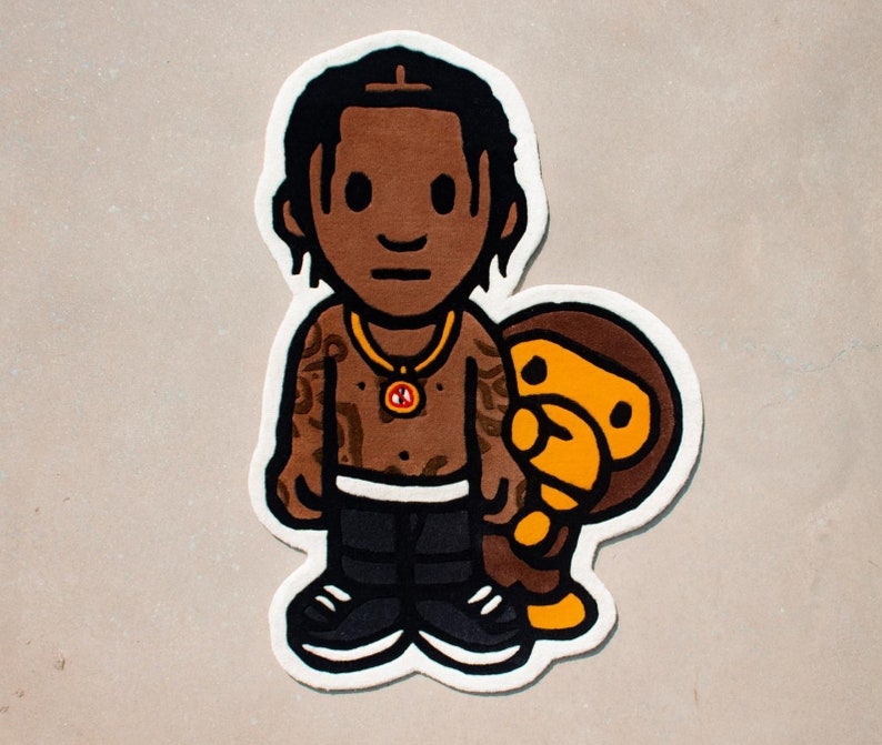 May include: A brown and black cartoon rug featuring a person with a gold chain and a brown monkey. The person is wearing a black shirt and black pants. The monkey is wearing a yellow shirt.