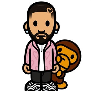 May include: A cartoon illustration of a man with a beard wearing a pink jacket with white hearts printed on it, black pants, and white sneakers. He is standing next to a brown cartoon monkey with a yellow face.