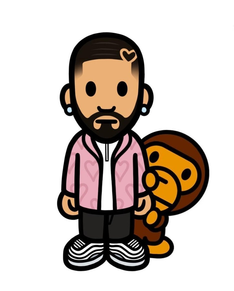 May include: A cartoon illustration of a man with a beard wearing a pink jacket with white hearts printed on it, black pants, and white sneakers. He is standing next to a brown cartoon monkey with a yellow face.