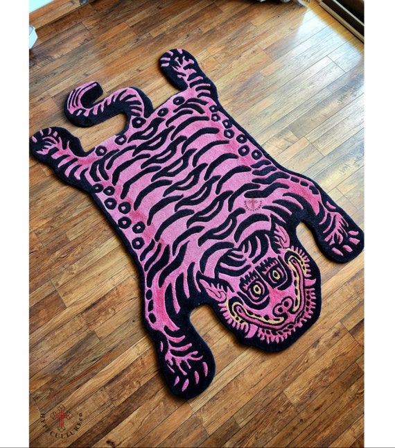 Handmade Hot Pink Tiger Rug, Tibetan Style Wool Rug