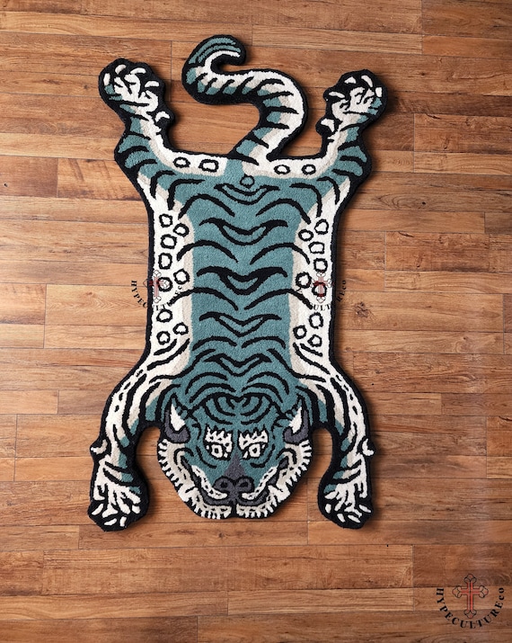 Handmade Wool Tiger Rug: Green & White Tibetan-style Carpet - Etsy