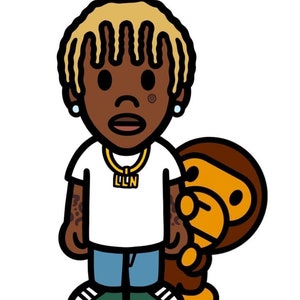 May include: A cartoon illustration of a person with blonde hair and a brown skin tone wearing a white t-shirt with a gold chain and a pendant that says "LLN". The person is wearing blue jeans and green sneakers. A brown and yellow cartoon monkey is standing behind the person.