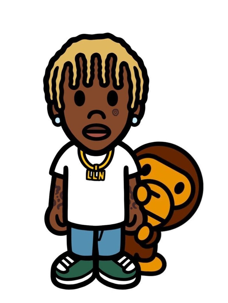 May include: A cartoon illustration of a person with blonde hair and a brown skin tone wearing a white t-shirt with a gold chain and a pendant that says "LLN". The person is wearing blue jeans and green sneakers. A brown and yellow cartoon monkey is standing behind the person.