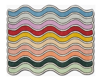 Handgetufteter Regenbogen Wollteppich: Individuelles Buntes Wellendesign