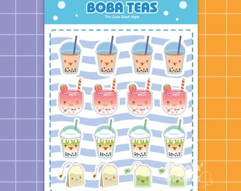 Cute Original Boba Milk Tea Kiss Cut Sticker Sheet, Bullet Journal Stickers