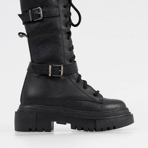 Callizio Genuine Leather Women's Lace Up Winter Tall Boots with Double Buckled Detail Platform Serrated Soles Fashionable Shoes