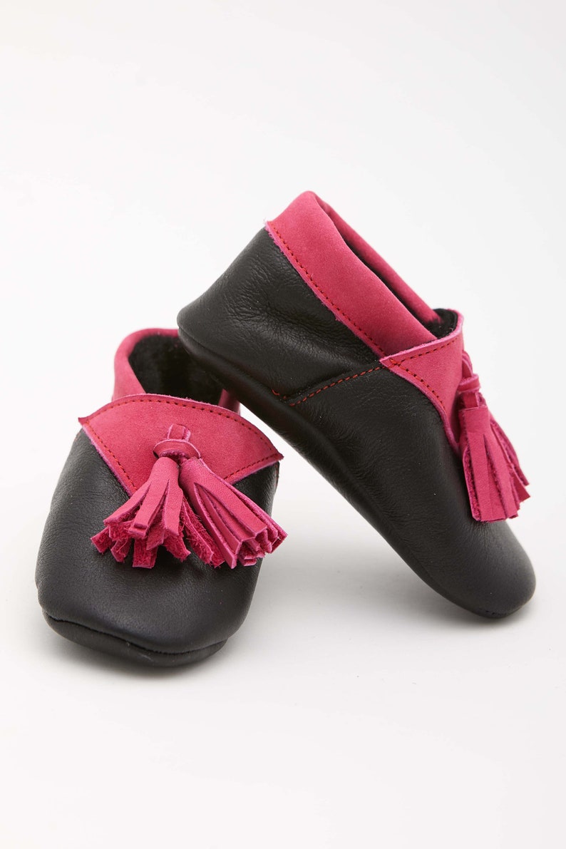 Callizio Unisex Cuero genuino Zapatos de bebé Botines para bebés Botines Accesorio de borla Mocasines para niños Calzado Mocasines Zapatos de cuna Slip-on Rosa