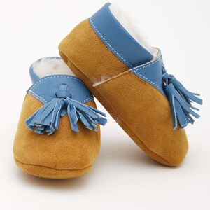 Callizio Unisex Cuero genuino Zapatos de bebé Botines para bebés Botines Accesorio de borla Mocasines para niños Calzado Mocasines Zapatos de cuna Slip-on Azul