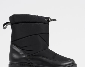 Callizio Botas de nieve de cuero vegano para mujer Sin cordones Slip On Plataforma Suela Paracaídas Casual Acogedor zapato para clima frío hecho a mano