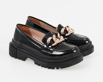 Callizio Vegan Leather Women's Penny Loafer Front Chained Chunky Sole Patent Leather Moccasin Casual Classic Shoe Handmade