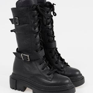 Callizio Genuine Leather Women's Lace Up Winter Tall Boots with Double Buckled Detail Platform Serrated Soles Fashionable Shoes