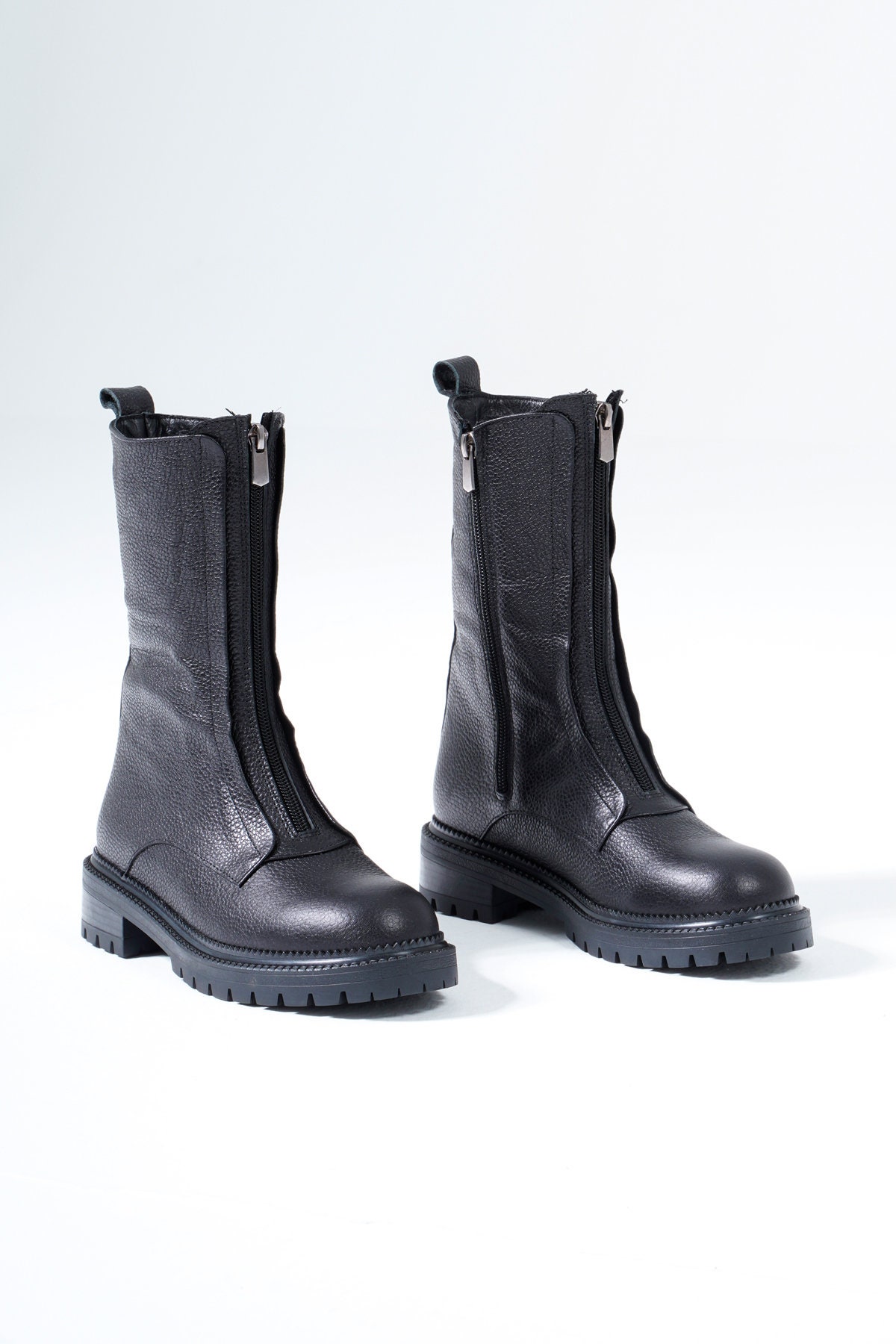 leather boots with zipper in front