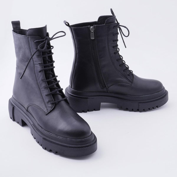 Callizio Genuine Leather Women Ankle Boots Lace-up Platform Boot for Woman Shoes 2022 Chunky Shoe Gothic Boots Thick Heel Size 9