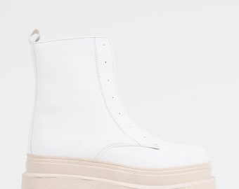 Callizio Vegan Leather Women's Boots Elastic Tie Chunky Platform Sole Zippered Elegant Winter Shoes Handmade