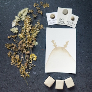 May include: A watercolour painting of a deer with antlers on a white background. The painting is surrounded by three small squares of watercolour paint in shades of brown. The paint colours are labelled with numbers and names: #69 "Moony Ochre", #63 "Moony Ochre", and #69 "Moony Ochre".
