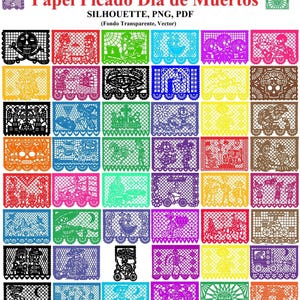 Mexican Papel Picado Day of the Dead, Mexican folk art, Silhouette, Png, Pdf, instant download, set 01 (Transparent Background/Vector).