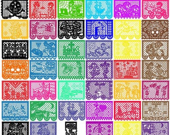 Mexikanischer Papel Picado-Tag der Toten, mexikanische Volkskunst, Silhouette, Png, PDF, sofortiger Download, Set 01 (transparenter Hintergrund/Vektor).