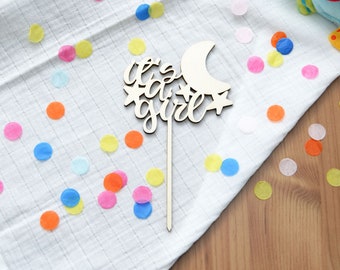 Cake Topper / Cake Pikser for Birth / Baby Party – Lettering "it's a girl" with moon and stars