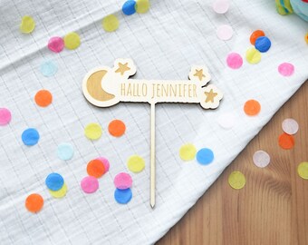Cake Topper / Cake Pikser for Birth / Baby shower – personalized "Hello Name" with moon and stars