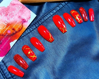 Press-On Nail Set, Gel Polish, Red Color, Red Glitter Accents, Gold Nail Tape, Glossy