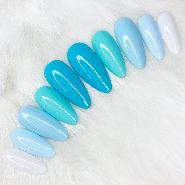 Press-On Nail Set, Gel, Blue Colors, Ombre Detailing, Glossy