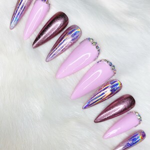 Press-On Nail Set, Gel Polish, Pink, Rhinestone Detail, Pink Foil & Pink Metallic Accents, Glossy