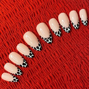 Press-On Nail Set, Gel Polish, French Pink Color, French Tip Cow-Print Detailing, Glossy