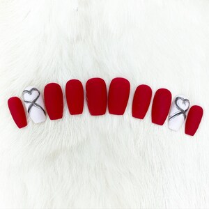 Press-On Nail Set, Valentine’s, Gel Polish, Red, White Accents, Heart Detailing, Matte