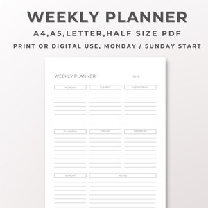 Printable Weekly Planner A4, A5, Letter, Half Letter Fillable PDF | Goal Setting, Daily Life Organizer | Instant Download | Minimal Planner