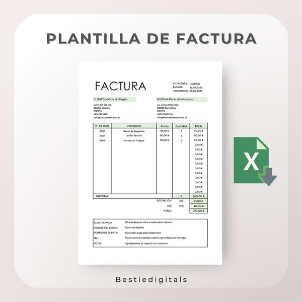 Plantilla de Factura Española para Excel - Formato A4 Personalizable, Ideal para PYMEs y Autónomos, Descarga Digital Instantánea