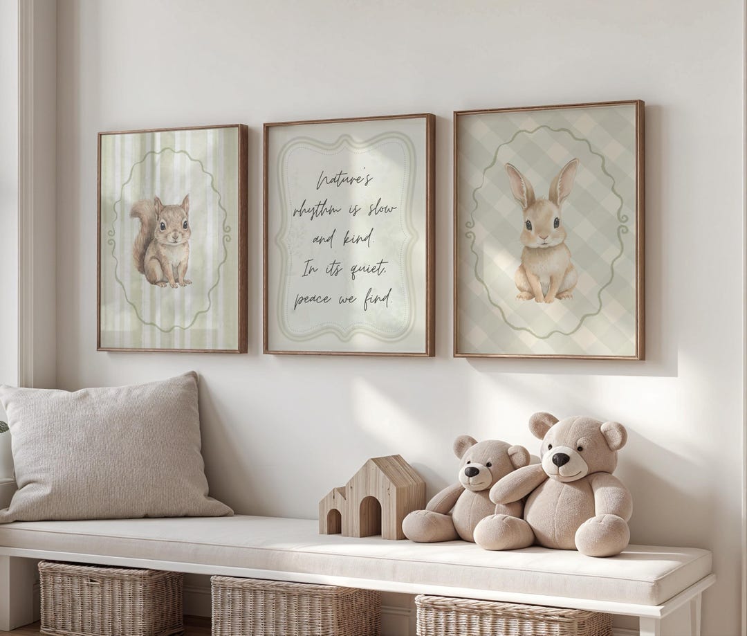 Neutral Cottagecore Nursery Prints Set of 3, Vintage Woodland Animal ...