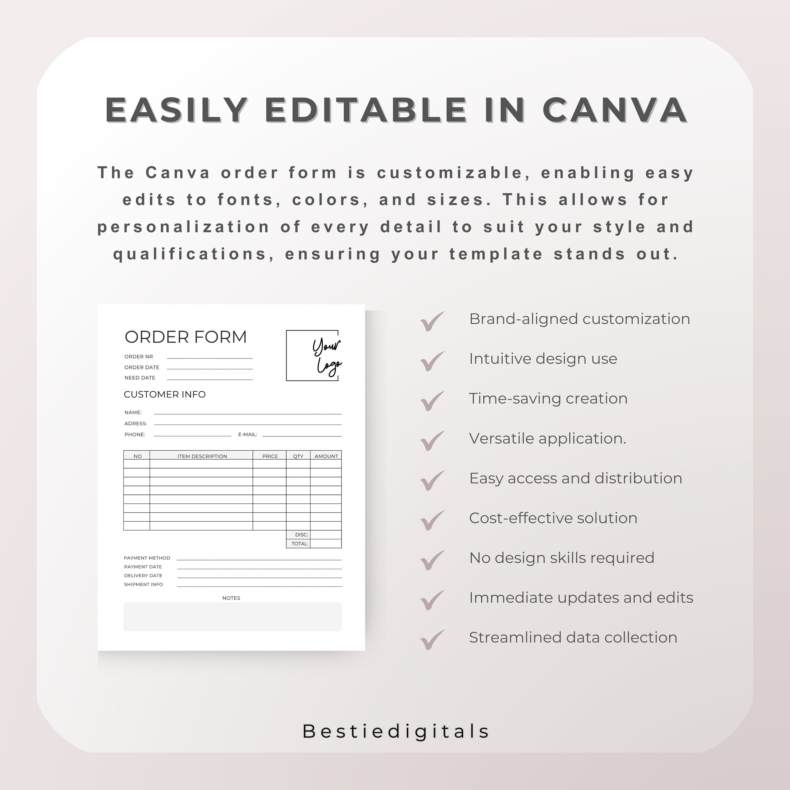 Customizable Canva Order Form Template | Printable Digital Invoice for ...