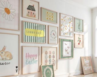 Sage Green Easter Bunny Botanical Prints, Pastel Spring Gallery Wall (Digital Download)