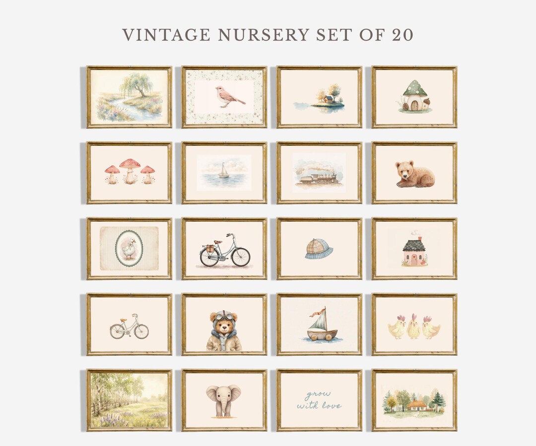 Vintage Nursery Wall Art Set, Cottagecore Watercolor Prints, Baby Room ...
