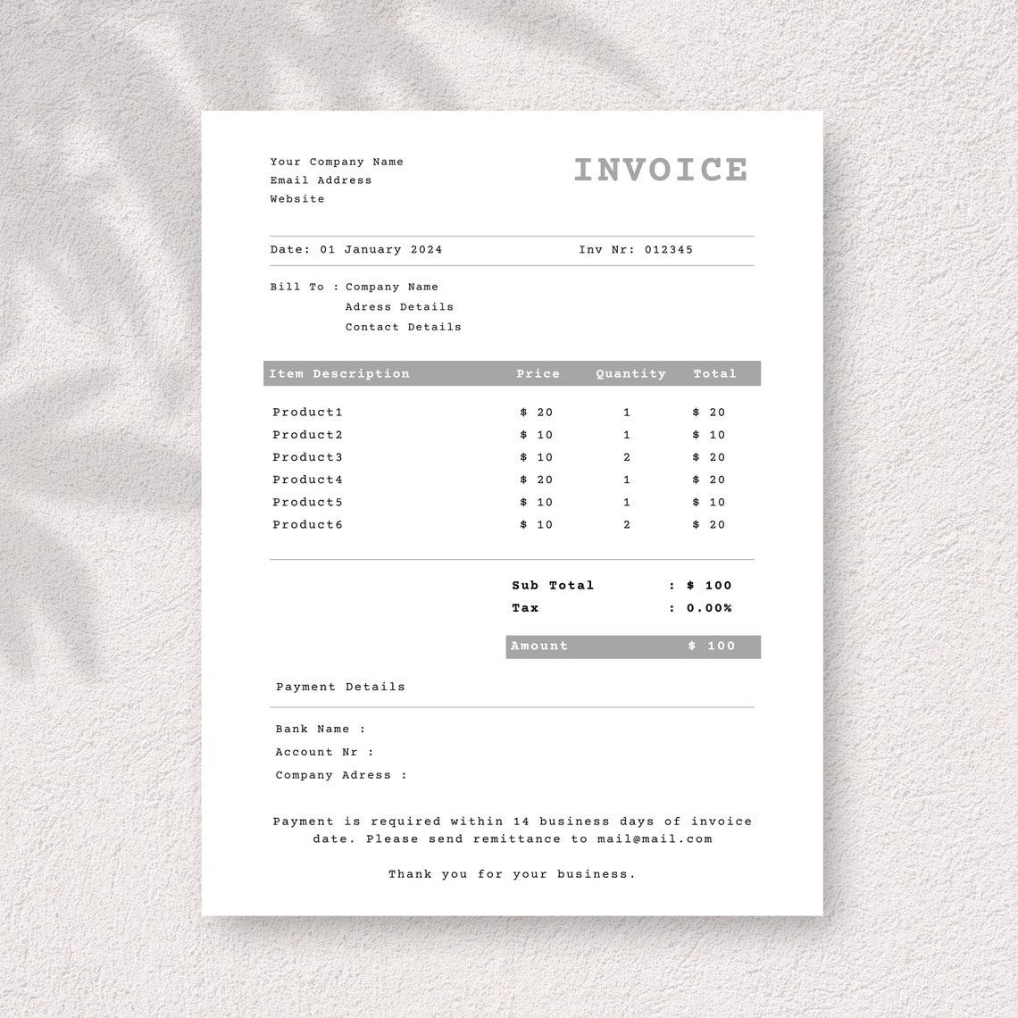 Invoice Template | Printable Invoice | Business Form | Editable Invoice ...
