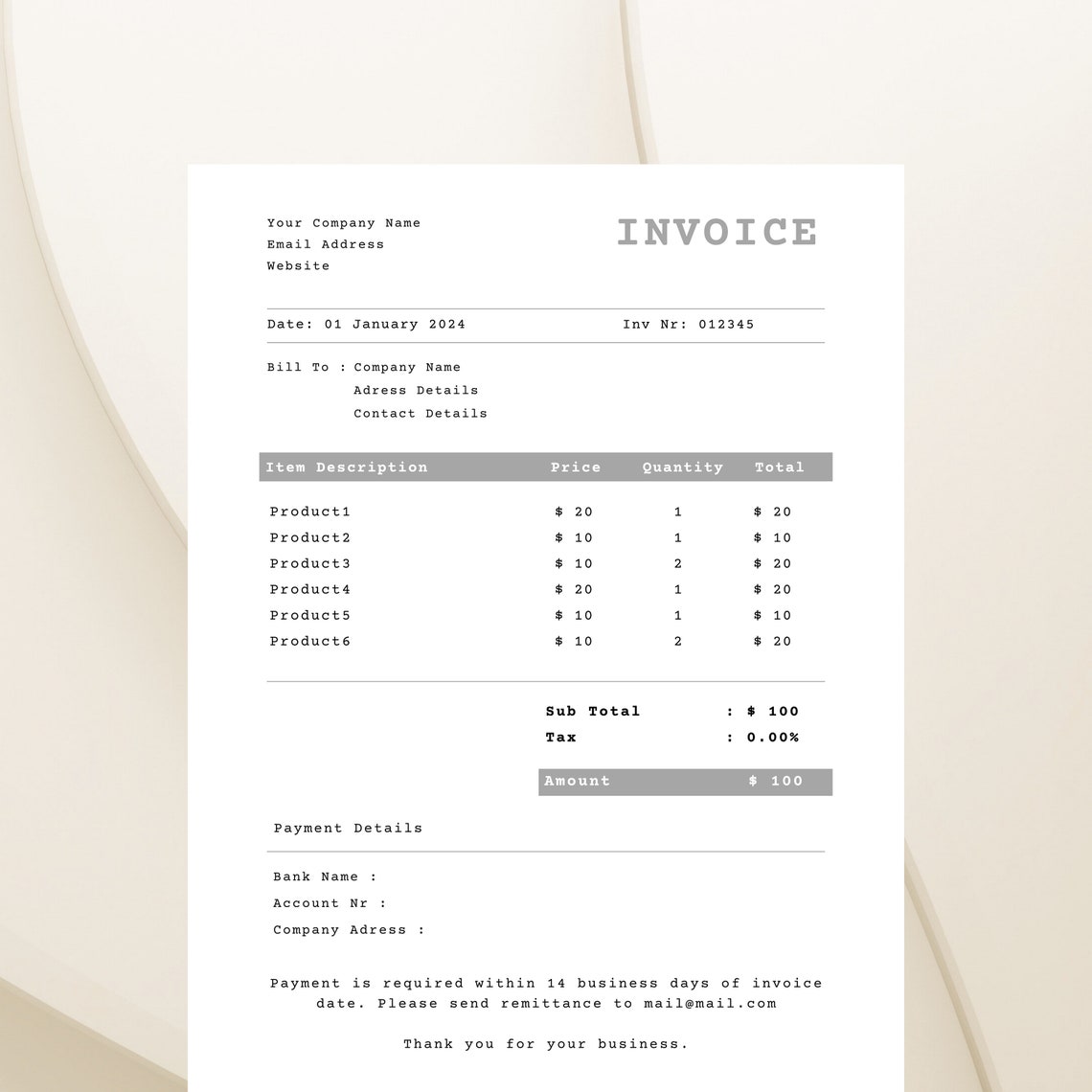 Invoice Template | Printable Invoice | Business Form | Editable Invoice ...