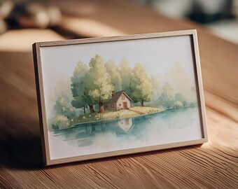 Cottagecore Watercolor Lake House Print, Vintage Landscape Wall Art (Digital Download)
