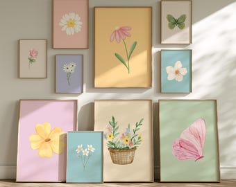 Pastel Floral Botanical Prints, Butterfly Illustration Gallery Wall (Digital Download)