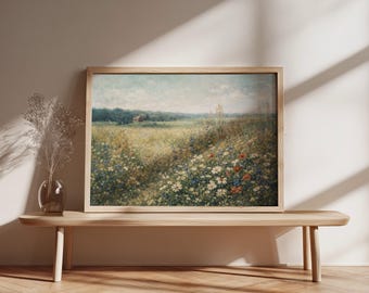 Meadow Wildflower Field Painting, Rustic Home Decor (Digital Download)