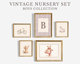 Neutral Baby Boy Nursery Art, Watercolor Alphabet Prints, Vintage Cottagecore Gallery Set (Digital Download)