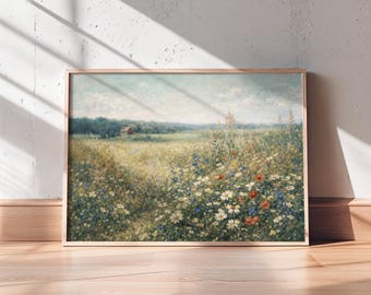 Meadow Wildflower Field Painting, Rustic Home Decor (Digital Download)