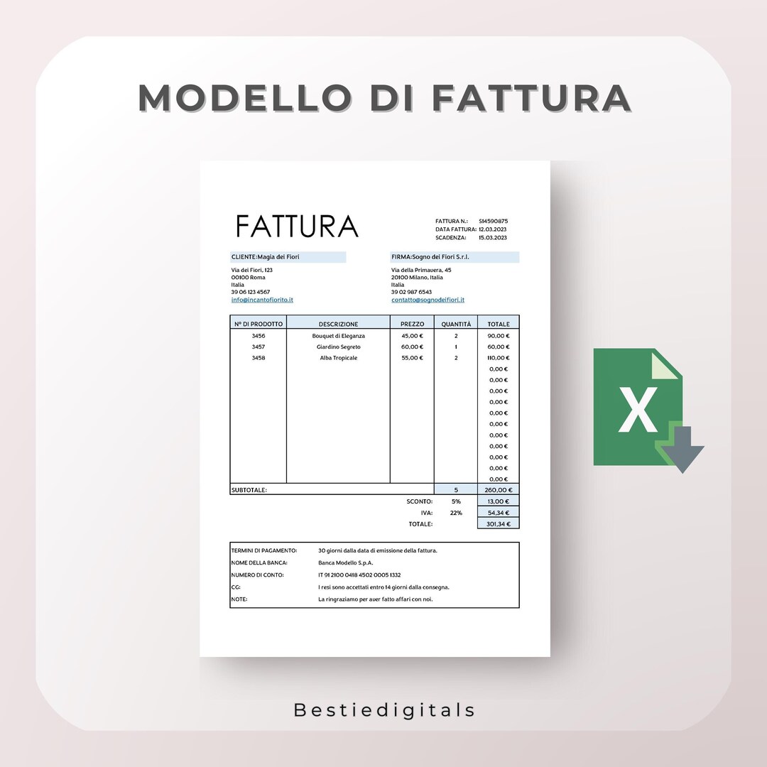Modello Fattura Excel In Italiano Fattura IVA Personalizzabile Per Modello Fattura Excel In Italiano Fattura IVA Personalizzabile Per