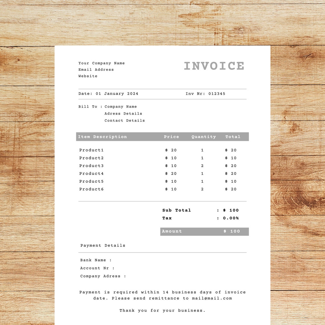 Invoice Template | Printable Invoice | Business Form | Editable Invoice ...