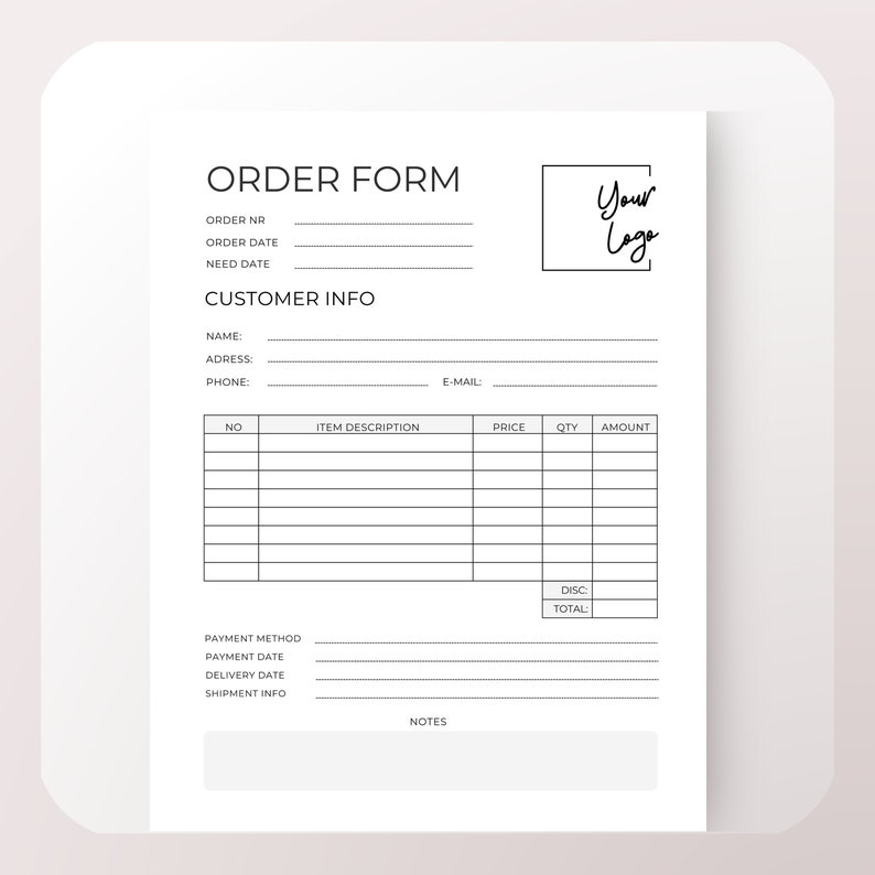 Customizable canva order form template for small businesses and