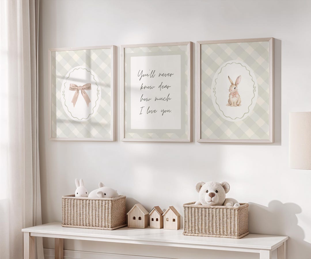 Vintage Nursery Wall Art Set of 3, Sage Green, Bunny and Bow Print, You ...