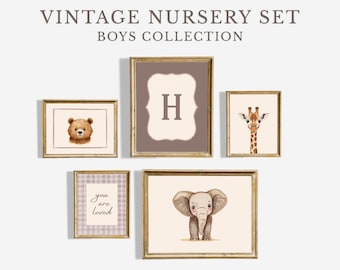 Vintage Safari Animals Nursery Art, Watercolor Bear, Giraffe, Elephant Prints (Digital Download)