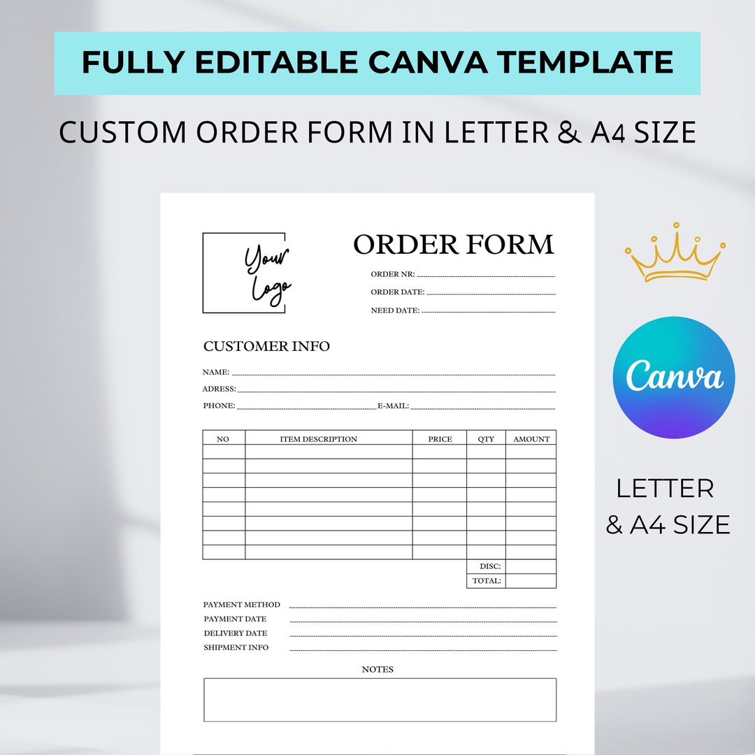 Printable Order Form, Small Business Template, Billing Form, Sales ...