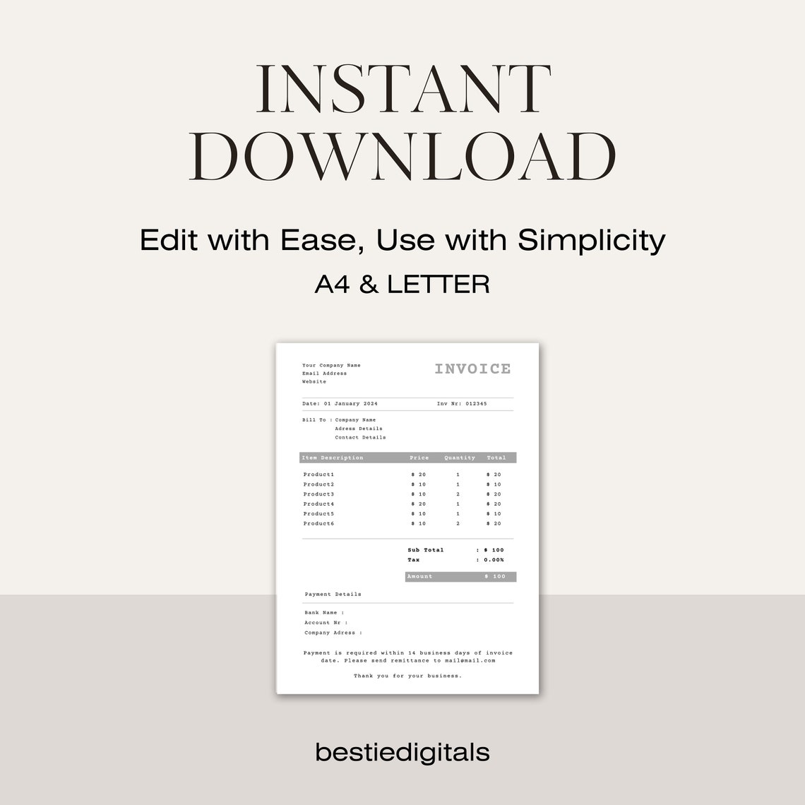 Invoice Template | Printable Invoice | Business Form | Editable Invoice ...